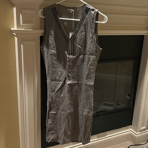 LINA TOMEI Made In Italy Linen Blend Jewel Collar V-neck Maxi Dress main image 1